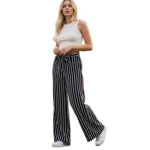 Forever 21 Black & White Stripe Palazzo Pants w/Tie Waist Sz.M EUC